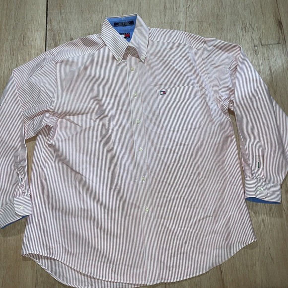 Vintage Tommy Hilfiger Button Down Shirt Men L Blue‎ White Red Striped Flag - Picture 1 of 6